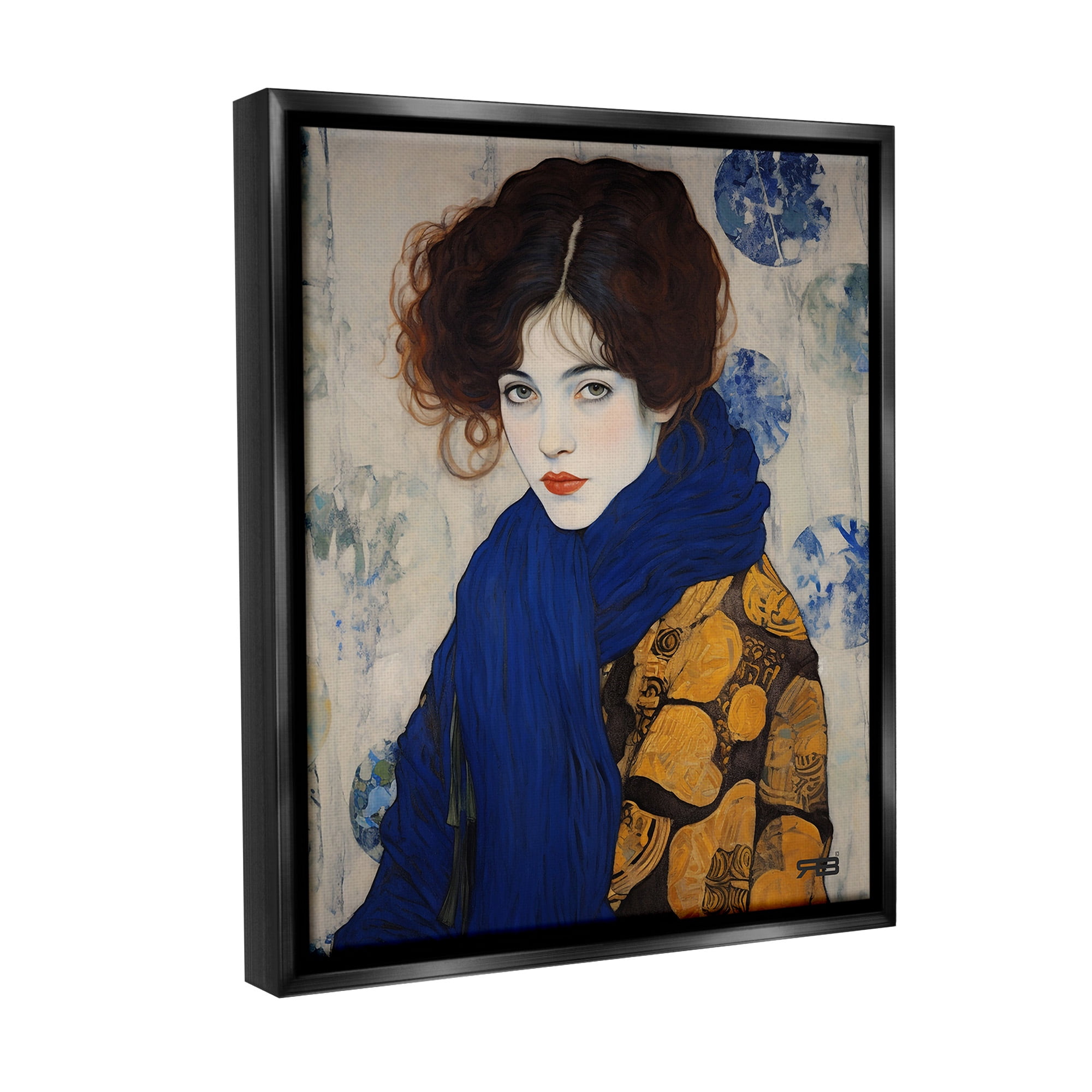 Stupell Industries Chic Woman Blue Scarf Beauty & Fashion Painting Black Floater Framed Canvas Art Print Wall Art, 17 x 21