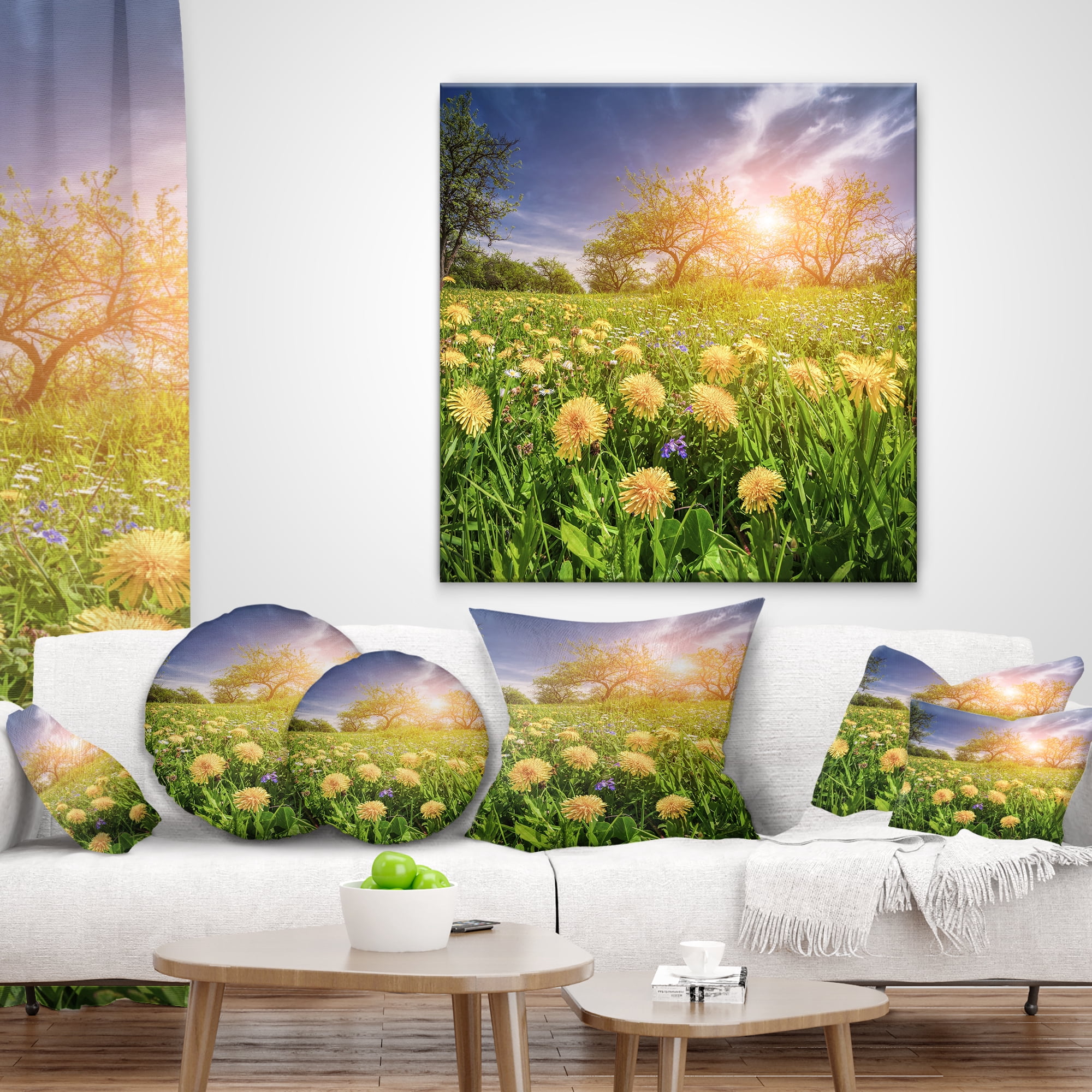 Designart Blossom Dandelions in Green Garden - Landscape Printed Throw Pillow - 12x20