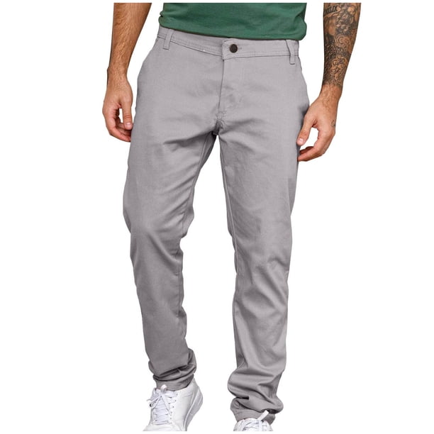Puntoco Pantalones casuales de longitud completa para hombre, moda para negocios, botones, cremallera, bolsillo, pierna recta, pantalones largos de color sólido