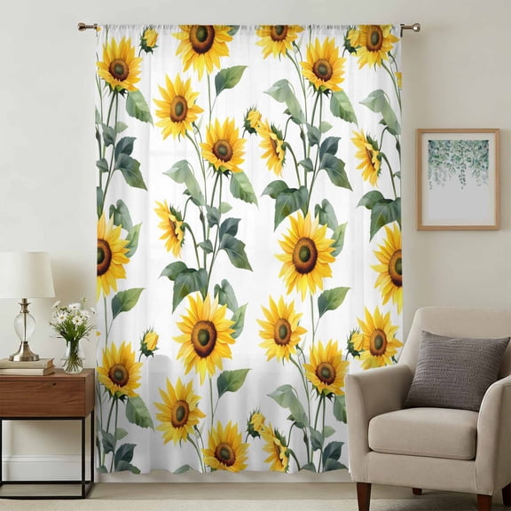 Yellow Sunflowers Sheer Curtains 72 Inches Long, Farmhouse Summer Botanical Watercolor Light Filering Curtains, Breathable Simi Curtain Privacy Drapes for Living Room Bedroom Window Treatment