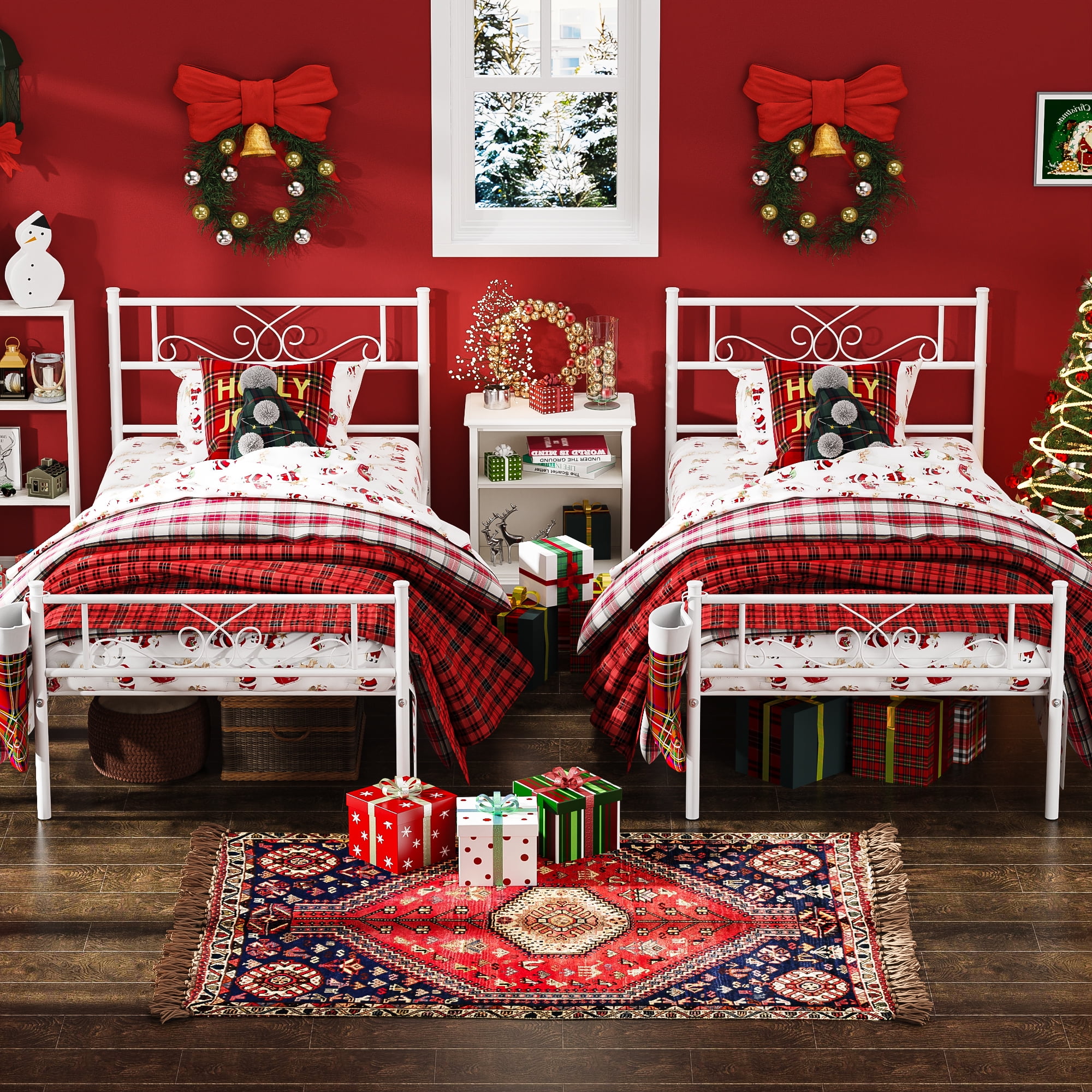 Yoneston Twin Size Metal Platform Bed Frame with Headboard, 12.7” Single Bed Frame for Kids, Teens, Adult Bedroom Furniture, White