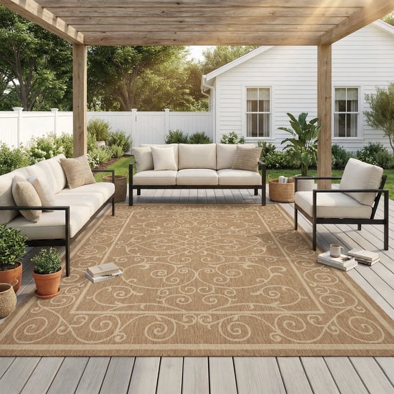 SIXHOME Outdoor Rugs 8'x10' Patio Rug Bohemian Floral Indoor Outdoor Rugs Polypropylene Washable Non Shedding, Easy Clean, Waterproof, Durable Outdoor Carpet for Porch Balcony Deck Neutral Brown