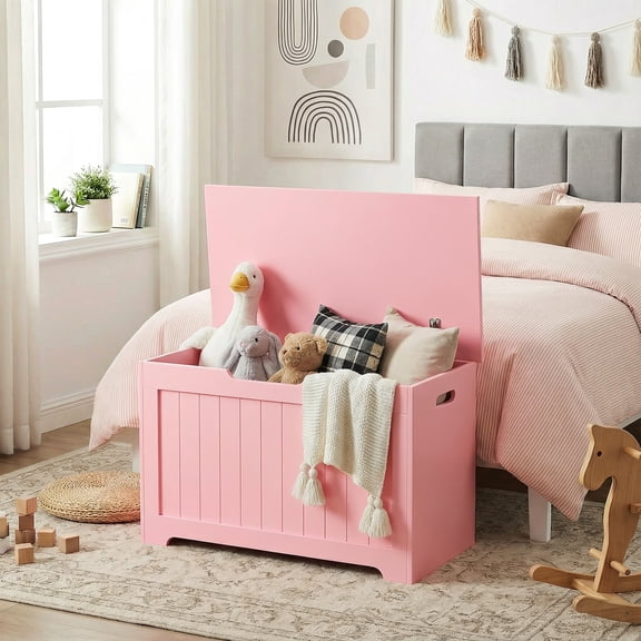 SuperDeal 30-Inch Lift Top Storage Chest Wooden Home Organizer Bench with Safety Hinged Lid Large MDF Toy Box Entryway Bedroom Living Room, Pink