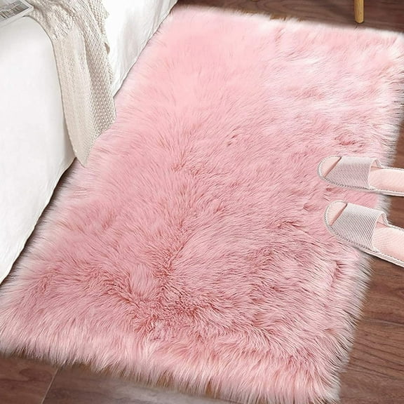 FUDAKUNA Soft Pink Plush Area Rugs 48 x 24inch Faux Fur Sheepskin Shaggy Comfortable Carpet for Bedroom Living Room Nursery Rug