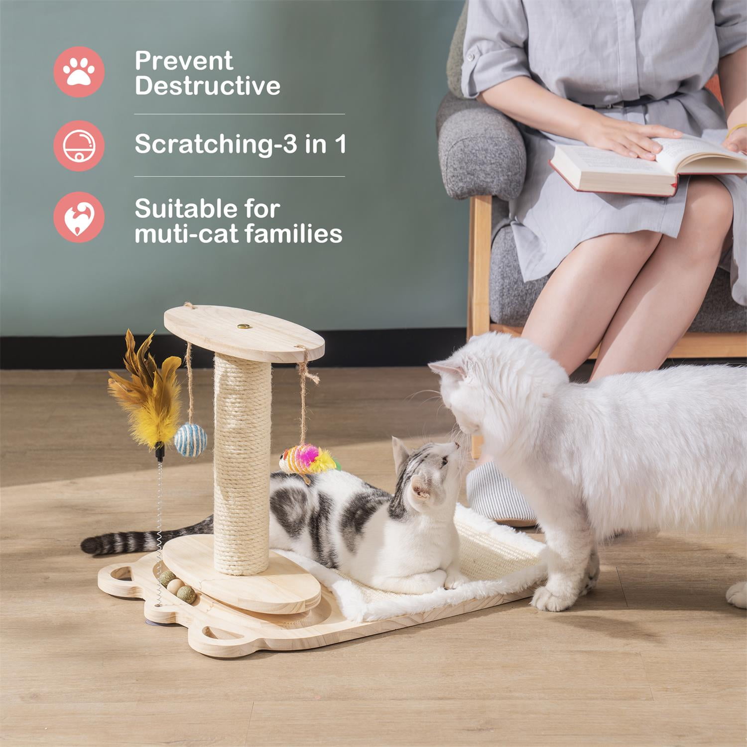 Pefilos 21 Inch Pets Cat Scratching Post Cat Scratcher Toy with Feather Stick and Mat Wooden 1-Layer Cat Turntable with 5 Interactive Balls and Dangling Ball Cat Toy, Beige Pefilos 21 Inch Pets Cat Scratching Post Cat Scratcher Toy with Feather Stick and Mat Wooden 1-Layer Cat Turntable with 5 Interactive Balls and Dangling Ball Cat Toy, Beige