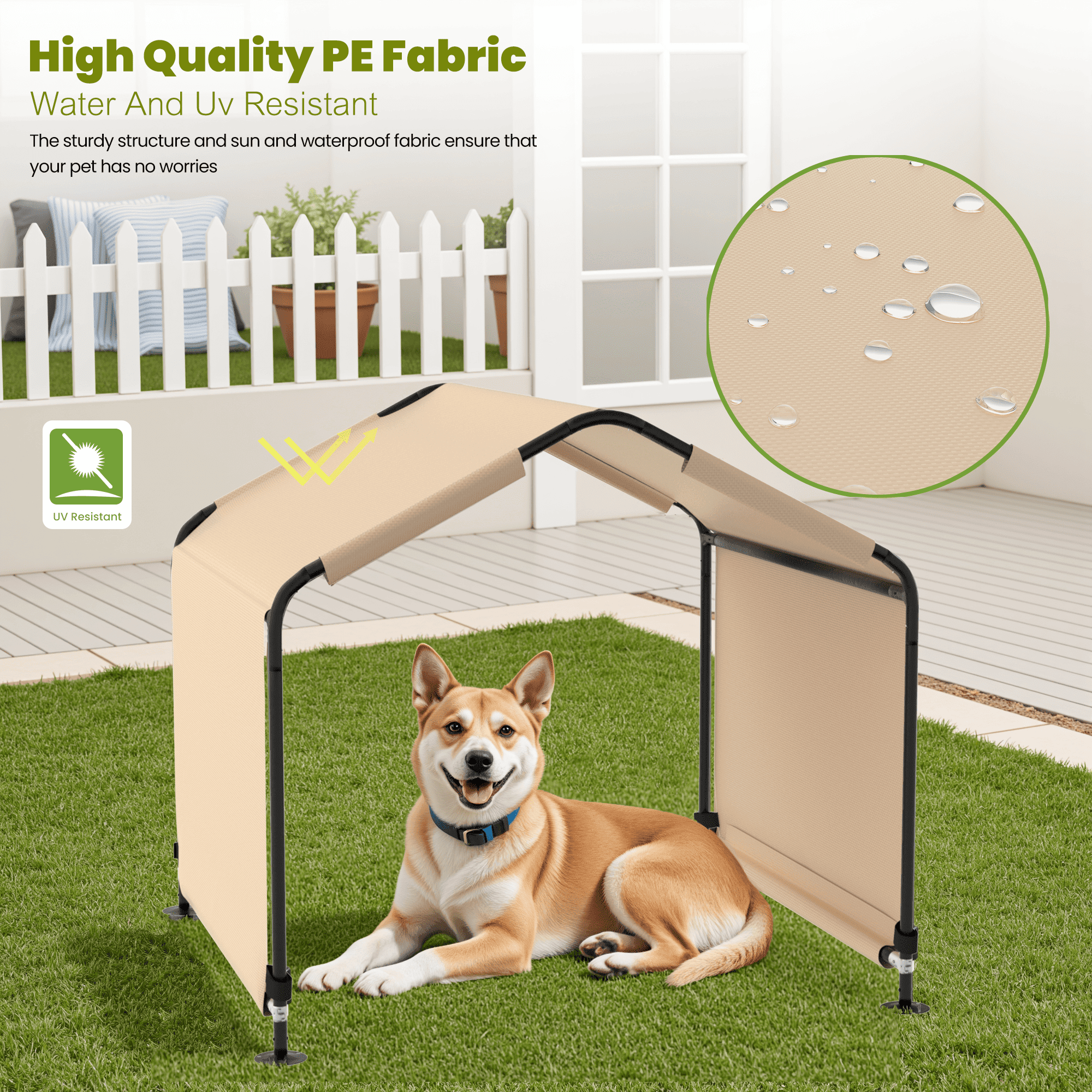 Outdoor Dog Shade Shelter 4'x4'x3' Portable Dog Tent Sun Rain Canopy for Outside Pet House for Large Medium Dogs, Cats, Pigs w/ Waterproof Roof, Ground Nails, Khaki