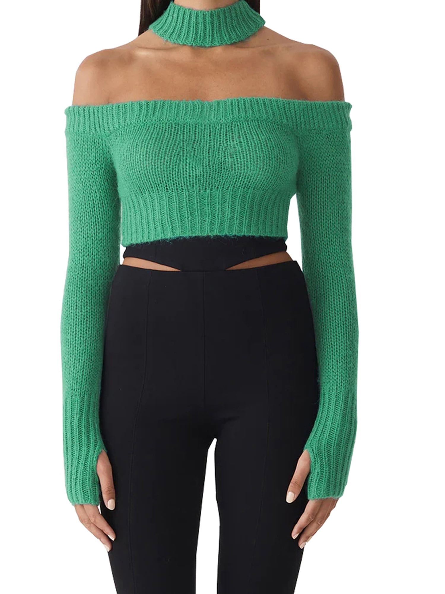 Sunisery Women Halter Neck Backless Sweaters Off Shoulder Chunky Knitted  Pullover Casual Long Sleeve Cutout Jumper Tops Green S - Walmart.com