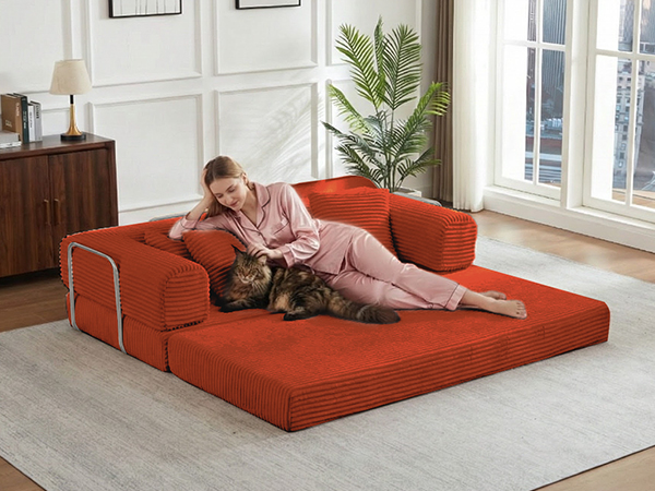 Gewnee Orange 2-in-1 Convertible Corduroy Sofa Bed with High-Density Sponge No Assembly for Apartment Dorm Office