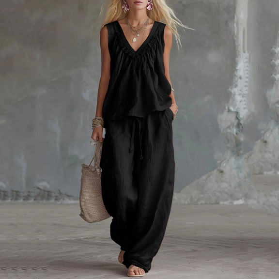 BRELIL Women's Two Piece Sets Summer Casual Loungewear V Neck Sleeveless Tank Top Wide Leg Loose Long Pants Matching Sets Solid Boho Beach Outfits Vacation Travel Tracksuit, Black L