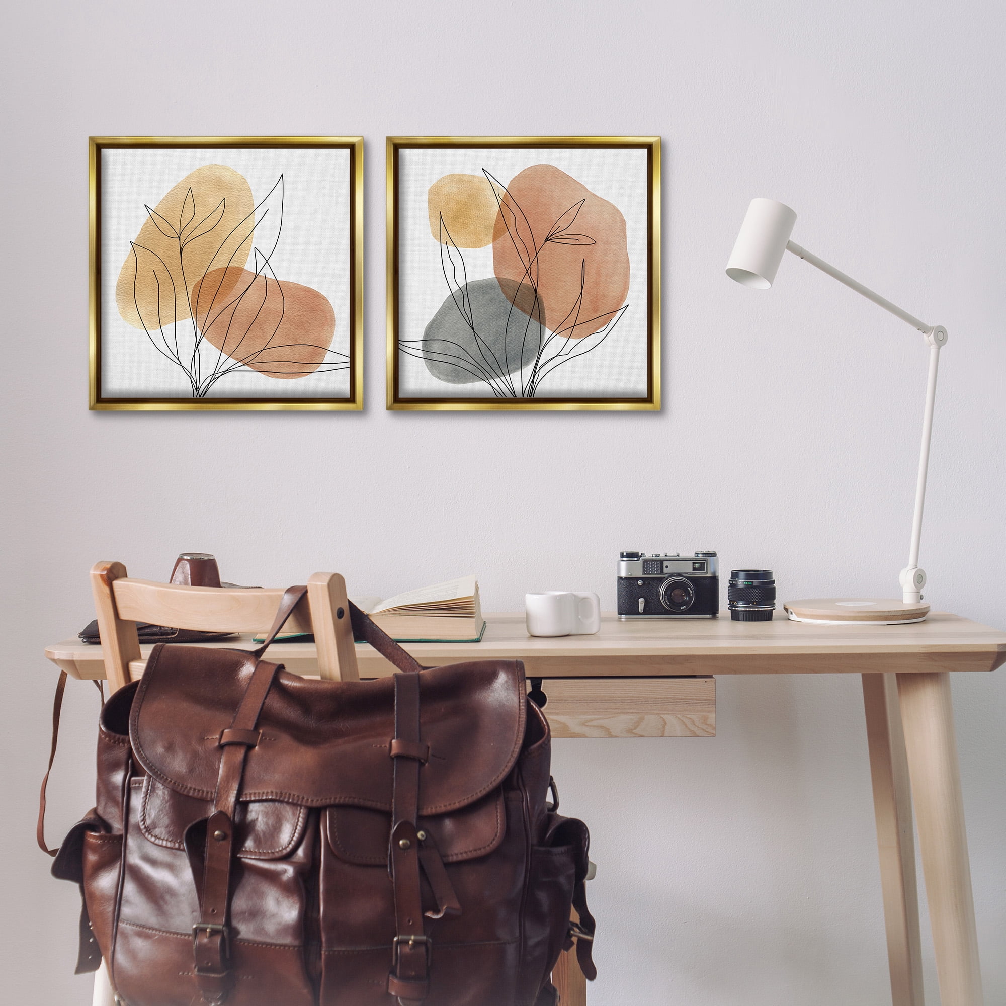 Stupell Industries Simple Neutral Southwestern Botanicals Abstract Painting Gold Floater Framed Canvas Art Print Wall Art, 18 x 18, Set of 2