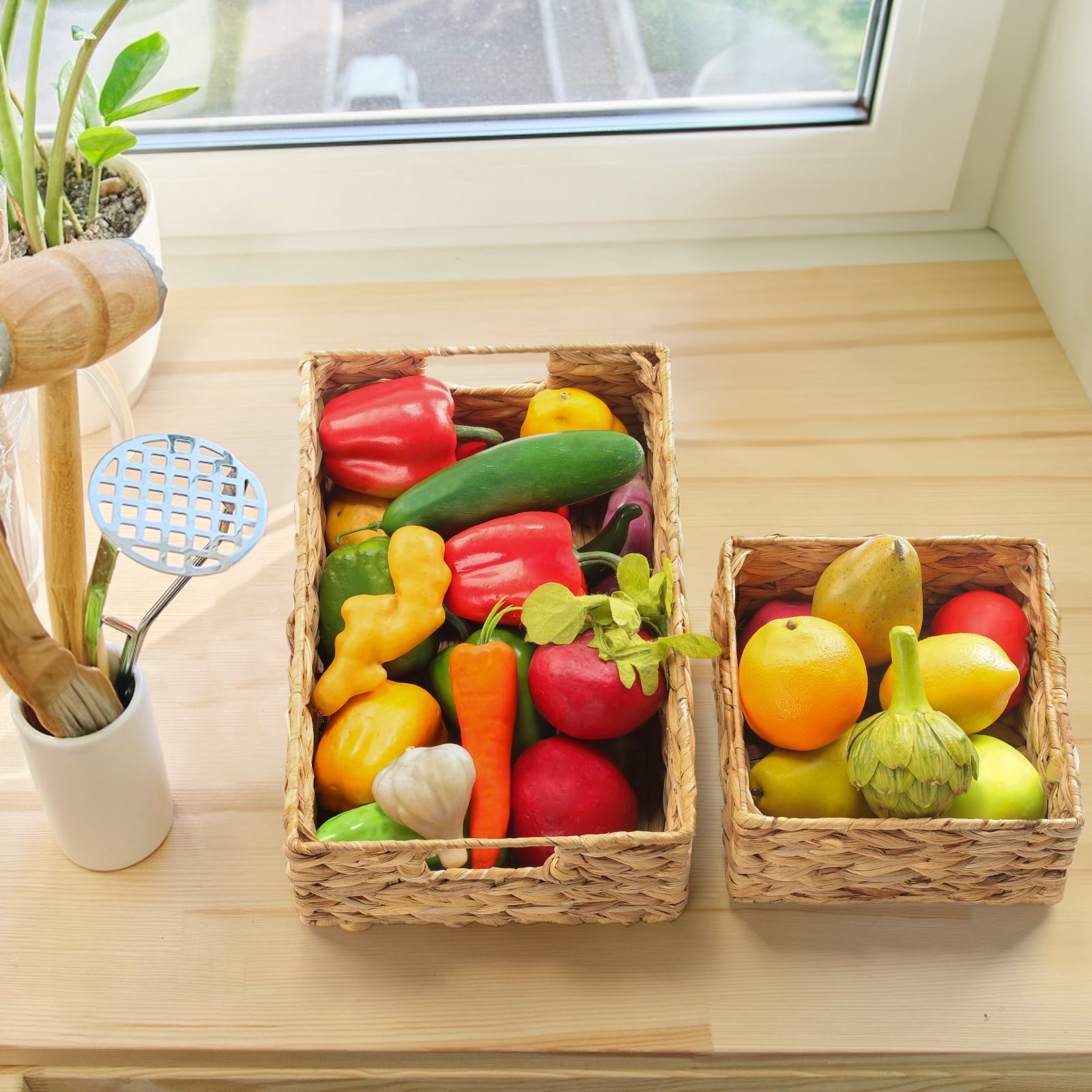 Natural Woven Storage Baskets - 4-Piece Set - For Fruits & Vegetables - Kitchen, Pantry, Countertop, Refrigerator Organization - Eco-Friendly Gourd Grass
