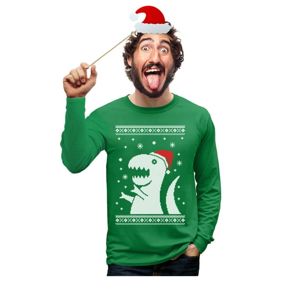 Tstars Mens Ugly Christmas Sweater Big T Rex Santa Christmas Gift Funny Humor Holiday Shirts Xmas Party Christmas Gifts for Him Long Sleeve T Shirt Ugly Xmas Sweater