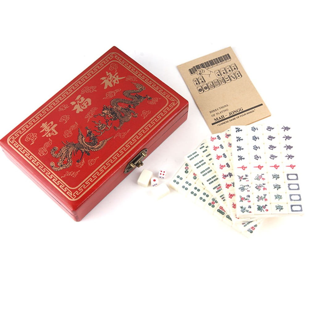 Portable Chinese Mahjong Set with 2 Pcs Dice Wooden Carrying Case for Travel Game