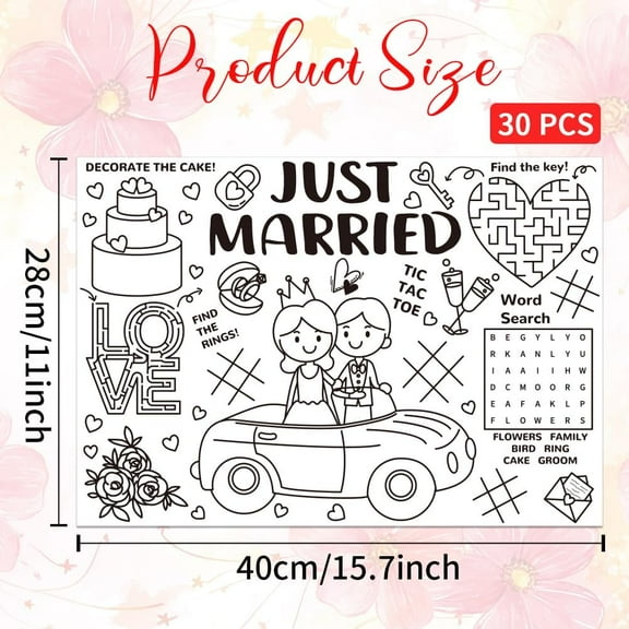 30Sheets Wedding Coloring Placemats 15.7x11 Inch Coloring Activity Paper Just Married Cake Rose Bouquet Party Favors Summer Drawing Paper Placemats for Dinner Table Decor Mat Crafts