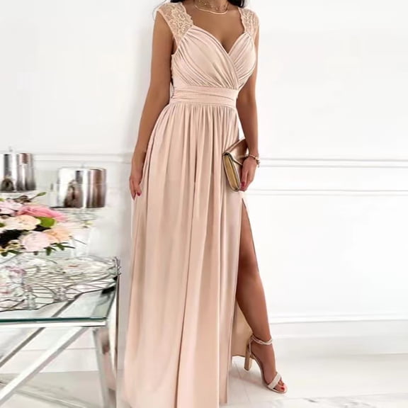 Wuxian Women Formal Party Dress Lace Sleeveless Solid Color Deep V-Neck Full Length Spring Summer Splicing Casual High Split Ruffles Ruched Wedding Party Gowns,Beige,M