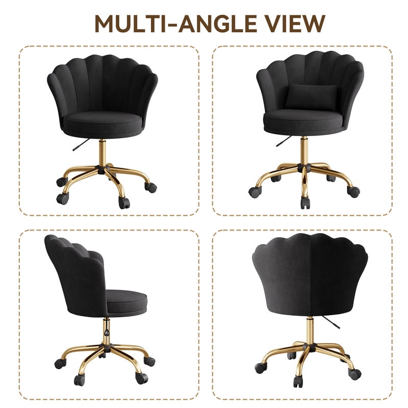 Hawsaiy Shell Back Home Office Chair with Lumbar Pillow, Modern Upholstered Desk Chair with Gold Metal Base, Swivel Adjustable Computer Chair for Home Office, Black