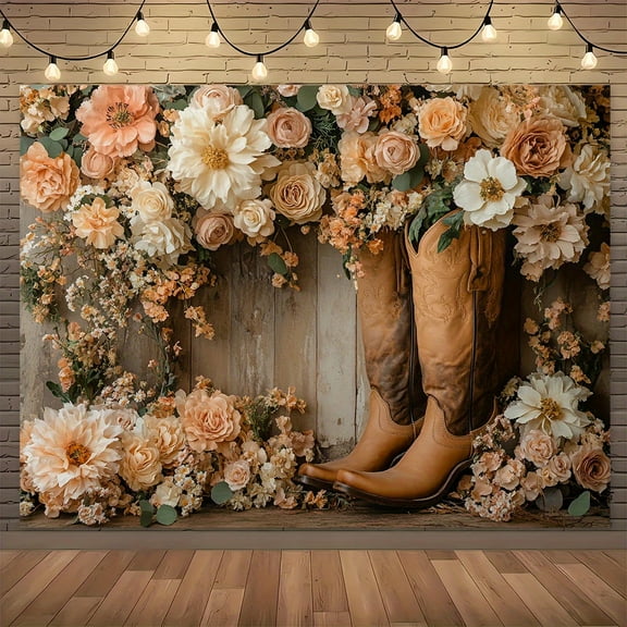 Rustic Western Boots and Floral Backdrop Boot Cowgirl Rustic Country Boho Bday Party Supplies Flower Country Photography Background Cake Table Decor Studio Photobooth Props Gift Favors