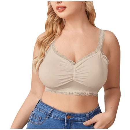 

BIZIZA Bra for Women Lace Wireless Plus Size Bralette Crop Top Solid Color Khaki XXXXL