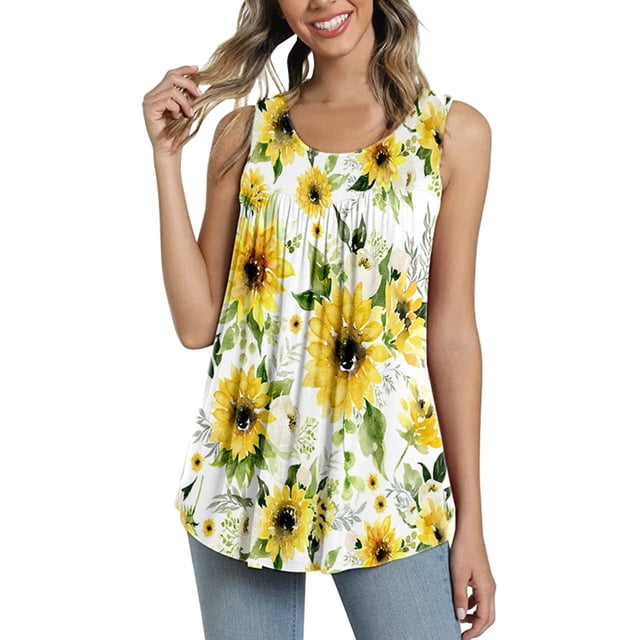 Playeras,Blusas y Tops,Ropa para Mujer Damas Camisetas Camiseta sin mangas con estampado casual de verano para mujer (Yellow, XXL)