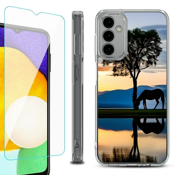 Shockproof Bumper Phone Case for Samsung Galaxy A14 5G, with Tempered Glass Screen Protector, by OneToughShield ® - Horse Tree