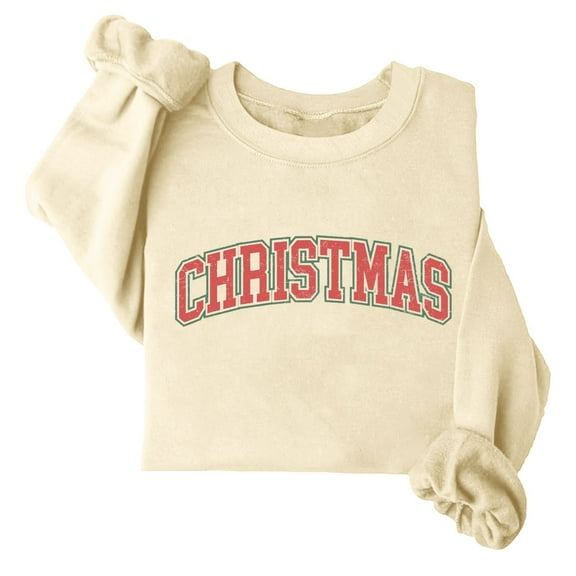 Sweatshirts for Women Christmas Long Sleeve Round Neck Printing Loose Hoodless Sweatshirts Beige S