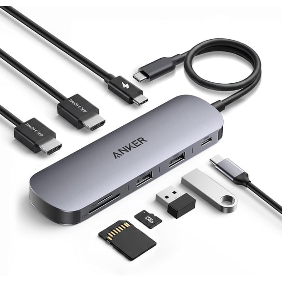 Anker Nano Laptop Docking Station, 8-in-1 USB-C Hub for Windows | Dual 4K@60Hz HDMI, 10Gbps USB-C & USB-A Ports, 85W PD, SD/TF Reader, Compatible for Dell, Lenovo, HP (Charger Not Included)