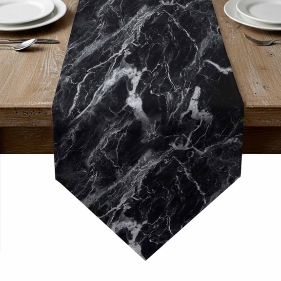Black Marble Table Runner Linen Burlap Table Runner 108 Inches Long Vintage Minimalism White Abstract Texture Dresser Scarves for Kitchen Island Coffee Dining Room Party Holiday Decoration 13"x108"