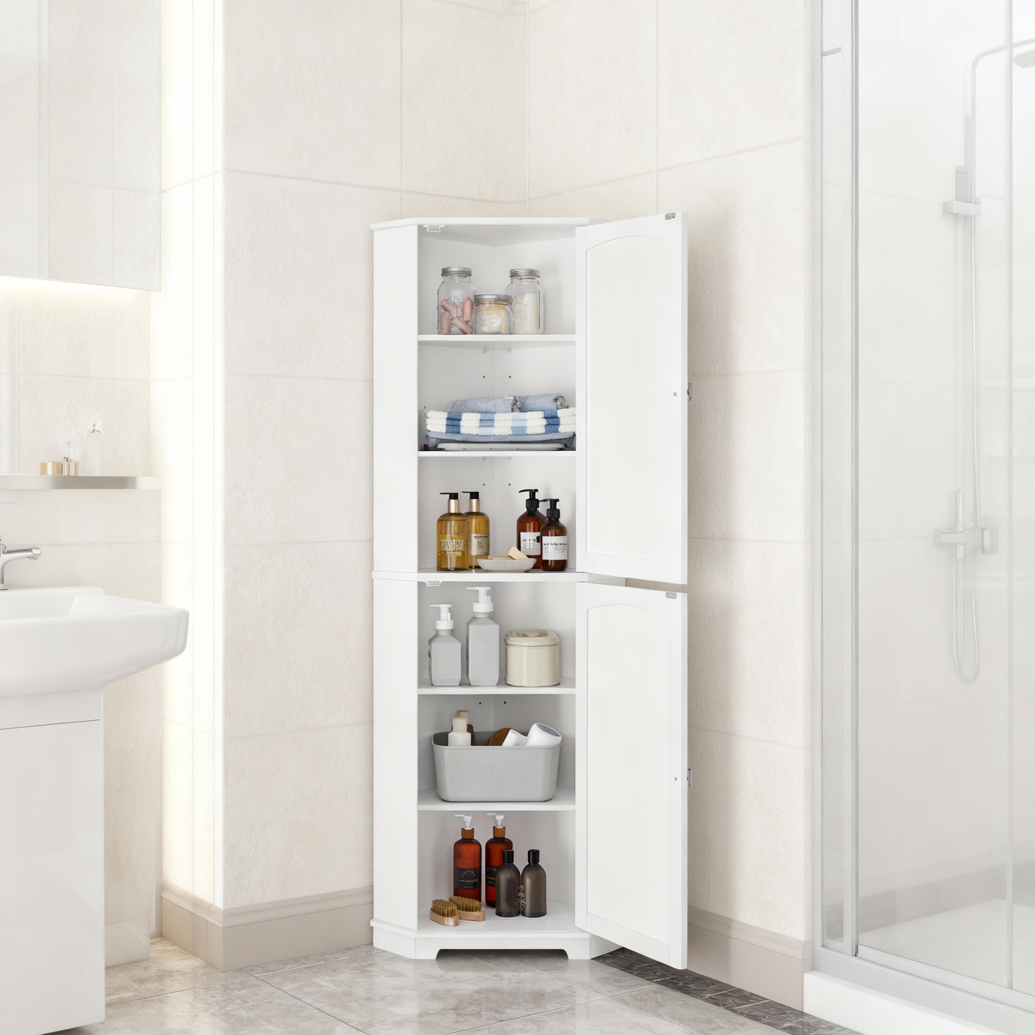 LEDREM Tall Corner Storage Cabinet, 65.5 Inch Farmhouse Organizer with 2 Doors & 4 Adjustable Shelves, Anti-Tip Design for Bathroom Kitchen Living Room, White