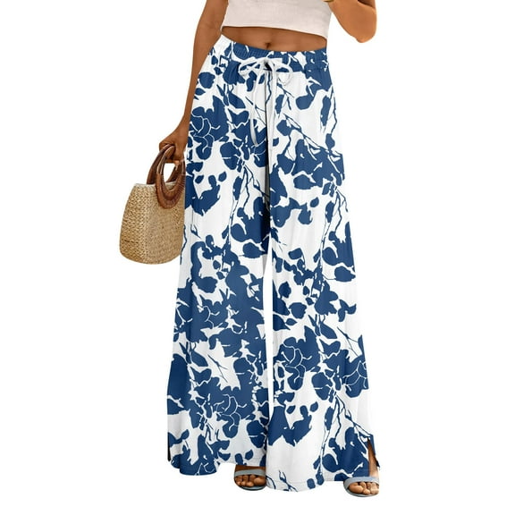 WTOBBY Women's Summer Boho Palazzo Wide Leg Pants with Floral Printing High Waist Elastic Drawstring and Pockets for Casual Comfortable Outfits ,Blue L