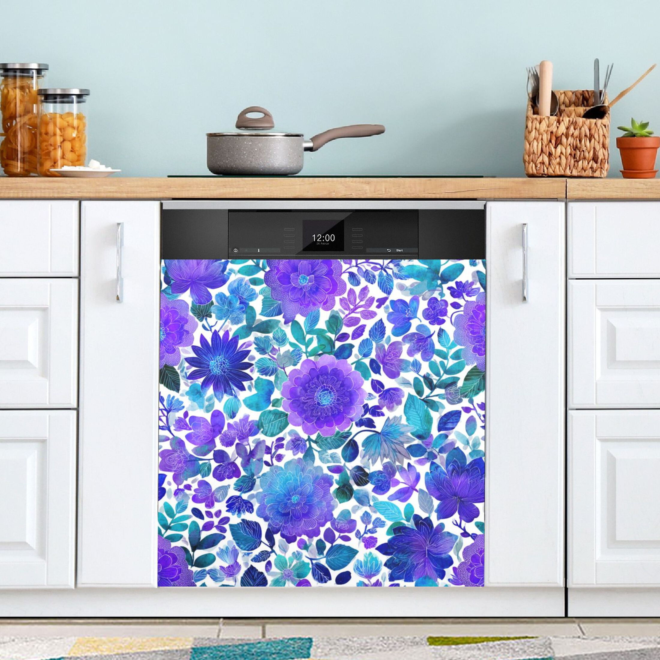 Dishwasher Magnetic Sticker 23x26 Inch Refrigerator Magnetic Sticker Washing Machine Magnetic Sticker Kitchen Panel Magnetic Sticker Home Decor Blue Watercolor Leaves