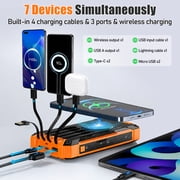 OWNTECH 30000mAh Solar Power Bank Portable Charger with 4 Cables & 3 USB Ports, Wireless Charger with LED Light, Compatible with iPhone, Android, for Camping, Hiking, Black Orange