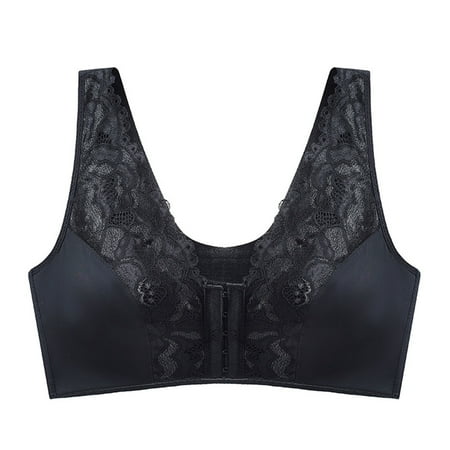Padded Bras for Women Bras Plus Size Front Buckle Lace Comfortable Solid No Underwire Bras Underwear V-Neck Seamless Bra Feature Front Snap Closure Nursing Bra Style Y-523   Black 85D