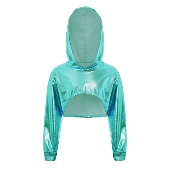 TiaoBug Shiny Metallic Cropped Hoodie Sweatshirt for Girls Cheerleading Performance Jazz Dance Crop Top Light Green 14
