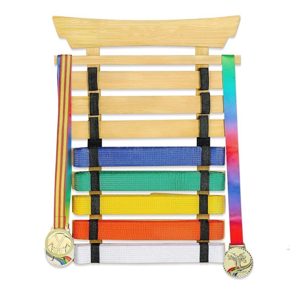 Wood Karate Belt Display Rack, 8 Belt Taekwondo Belt Display with Stickers, Martial Arts Belt Display Holder