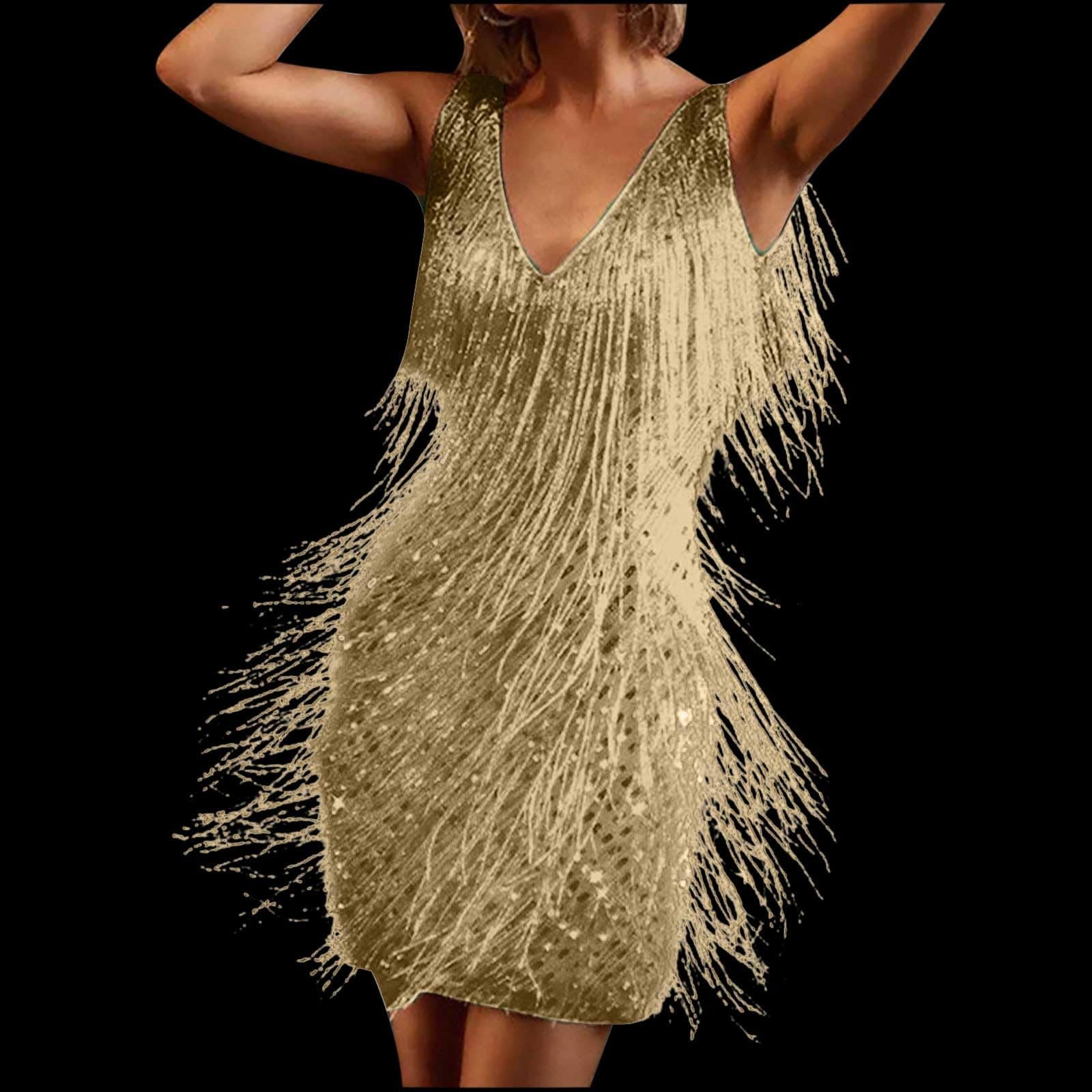Dresses for Women Deep V Neck Sleeveless Pencil Skirt Fringed Midi Solid  Elegant Sun Dress Gold XL - Walmart.ca