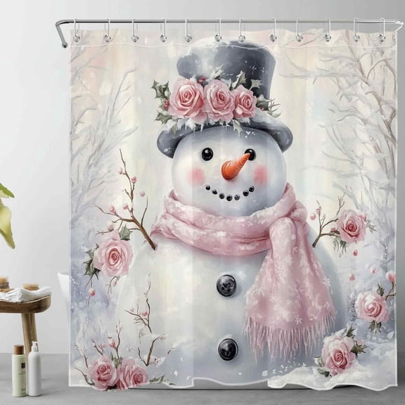 NEONWE Cute Snowman Shower Curtain Winter Forest Pink Flower Nature Landscape Rustic Xmas Holiday Bathroom Shower Curtain Decor Polyester Waterproof Fabric with 12 Pack Plastic Hook 72" X 72"