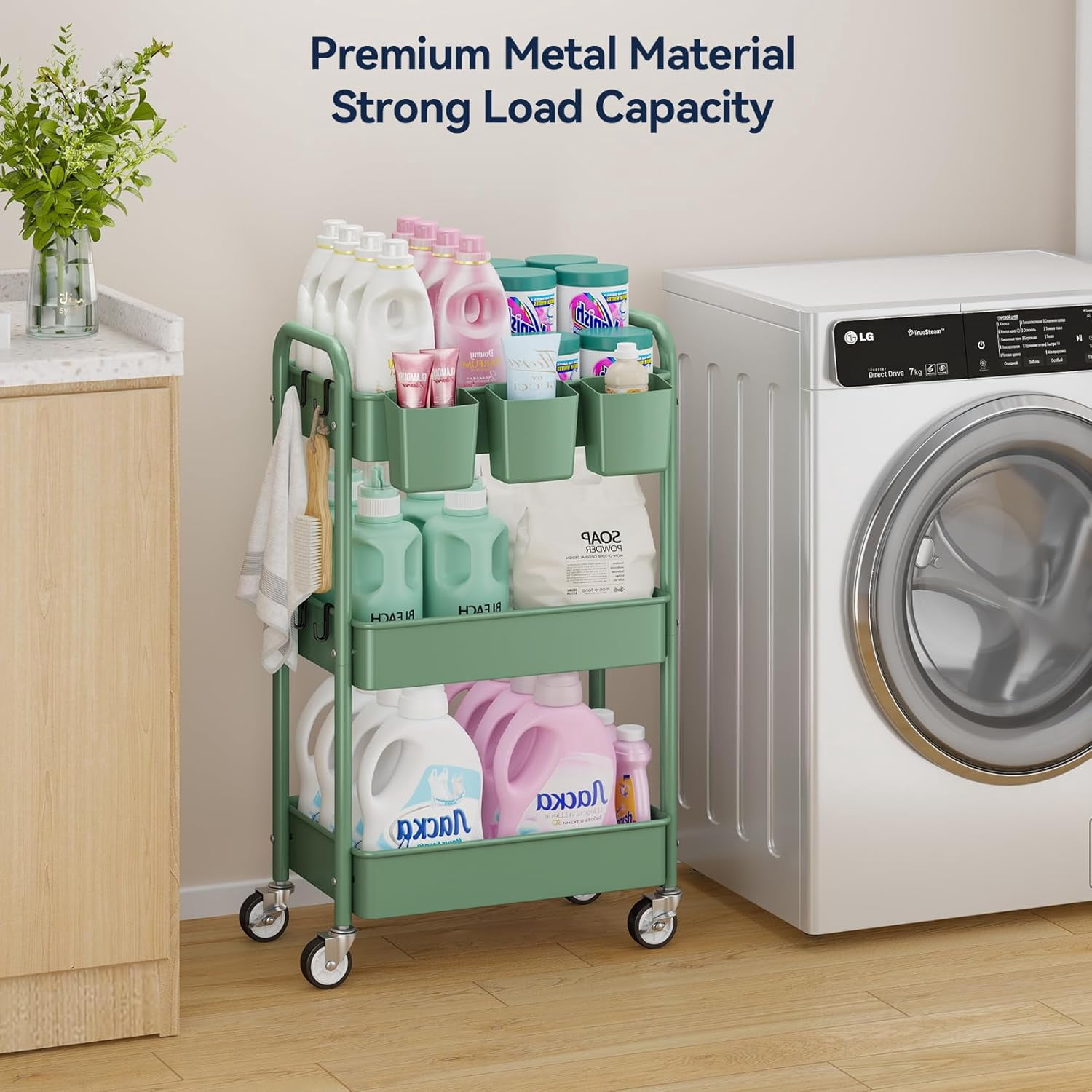 3-Tier Rolling Utility Cart with Wheels, Hanging Cups, Hooks, Heavy Duty Mesh Storage Organizer for Kitchen and Office, Lightweight Sturdy Craft Cart