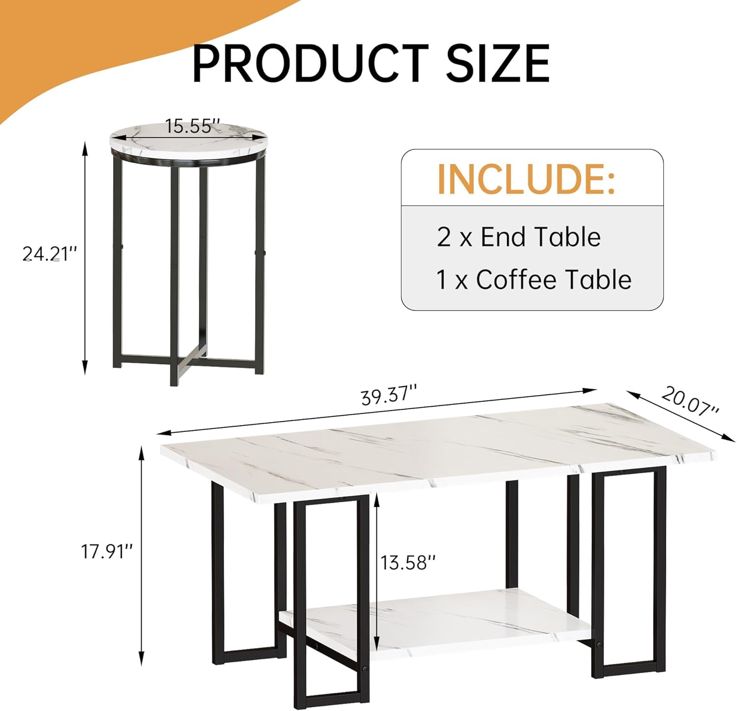 Cvortll 3-Piece Living Room Table Set, Coffee Table with 2 Round End Tables, Faux Marble Top & Metal Frame, for Apartment & Home, White