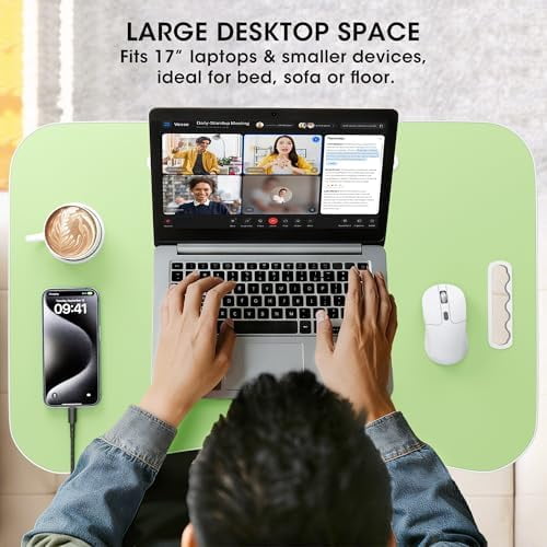 Folding Lap Desk, 23.6 Inch Wood Laptop Bed Desk with Cup Holder, Portable Bed Table for Working Writing Reading & Eating for Bed, Sofa, Couch, Floor - Green
