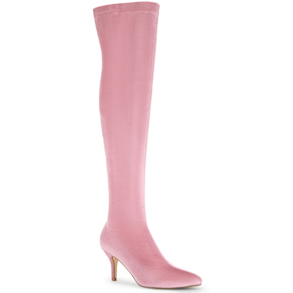 BLISSFUL STEP Faux Velvet Pointed Toe Stiletto Heels Over the Knee High Boots for Women Pink 8