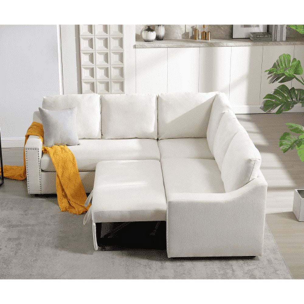BSHTI L-Shaped Sofa with Pull-Out Sofa Bed,Corner Sofa,Living Room Furniture Set,Sleeper Sofa Bed,Corner Seat for Two with Broaching Sofa,Rivet DeChenille,Beige