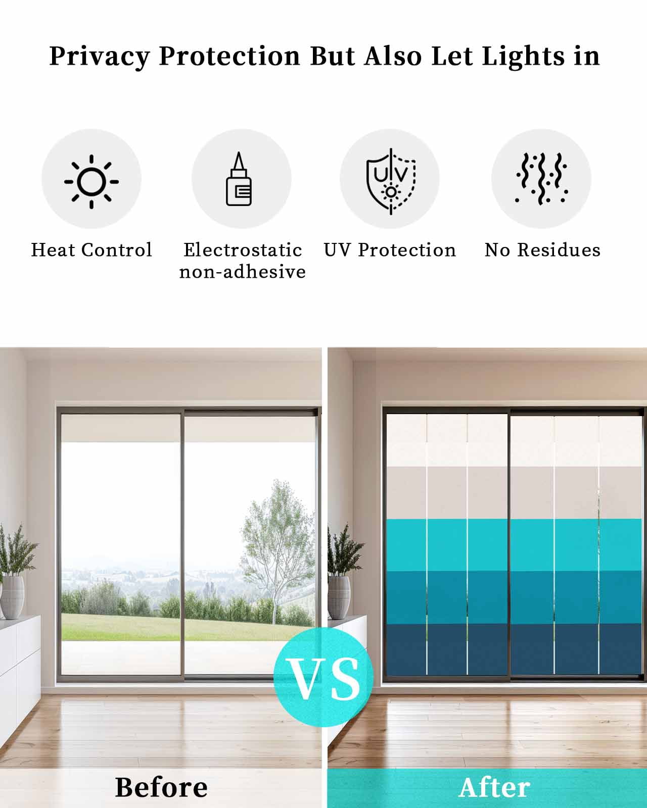 Window Privacy Film, Ombre Black Aqua UV Sun Blocking Window Tint Film Heat Control One Way Blackout Window Film, Simple Modern Farmhouse Stripes Non Adhesive Static Cling Window Sticker 19.6x39.3 In