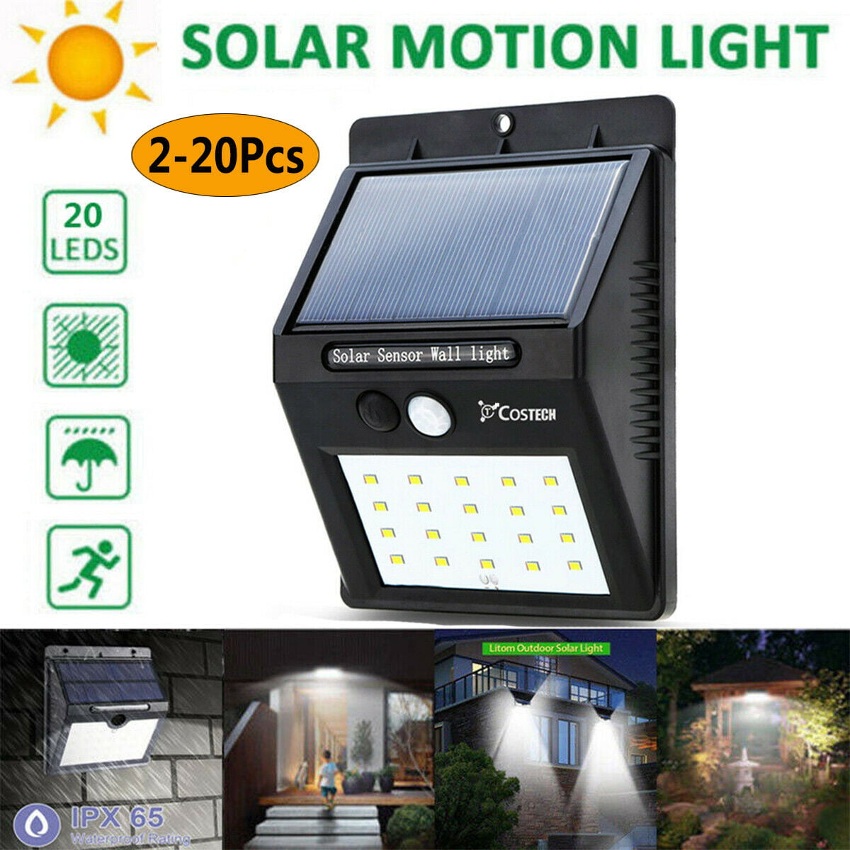 20 LED Solar Power PIR Motion Sensor Wall Light Outdoor Garden Waterproof Lamp 
