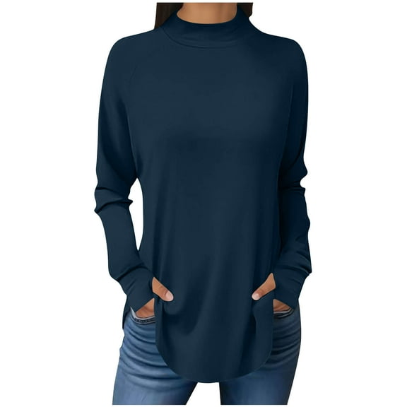 Women's Mock Neck Tunic Tops with Thumb Holes Long Sleeve Solid Color T-shirts Spring Fall Base Pullovers (XL, Navy)