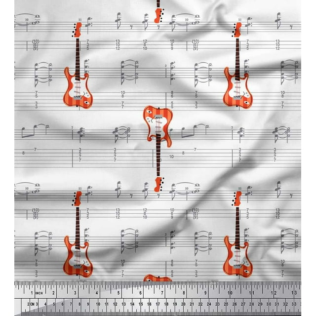 Soimoi White polyester Crepe Fabric Notes & Guitar Musical Instrument Printed Craft Fabric by the Yard 52 Inch Wide