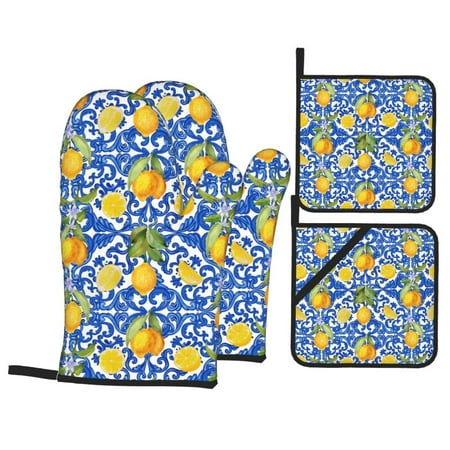 

Oven Mitts and Pot Holders Sets 4 pcs lemons Sicilian traditional print Non-Slip Oven Gloves Potholders Soft Quilted Lining Heat Resistant Gloves Hot Pads for Kitchen Cooking Baking