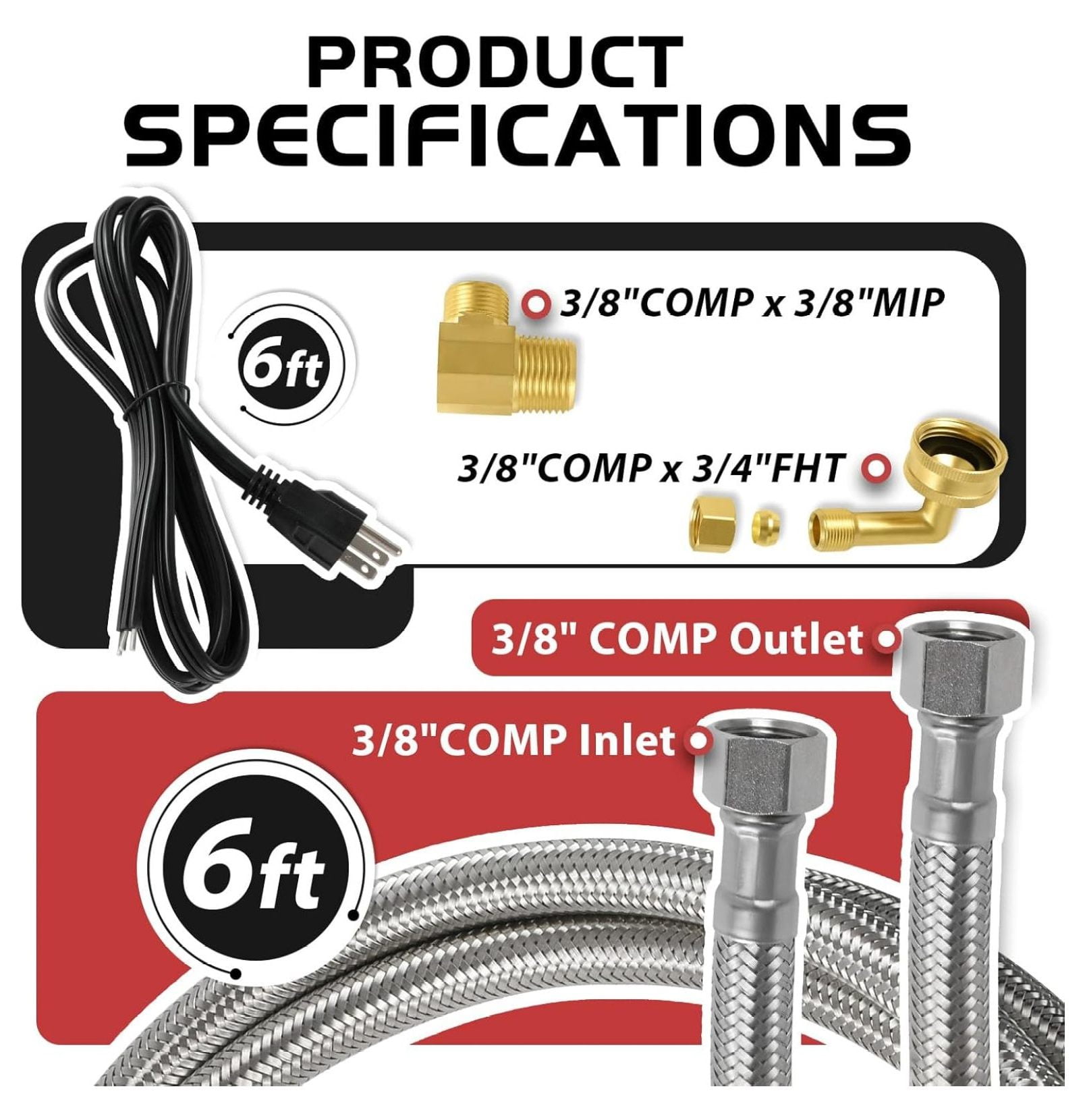 (2 Kit) Dishwasher Installation Kit, 6 FT Stainless Steel Supply Hose, 3/8" X 3/8" Compression Adapter, 3-Wire 6” Power Cord with Tap,(HOSE149-2PCS)