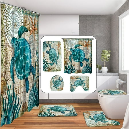 4Pcs Bathroom Set Non-Slip Pedestal Rug + Lid Toilet Seat Cover + Bath Mat Doormat + Waterproof Shower Curtain + 12 Hooks Sea Turtles Style Home