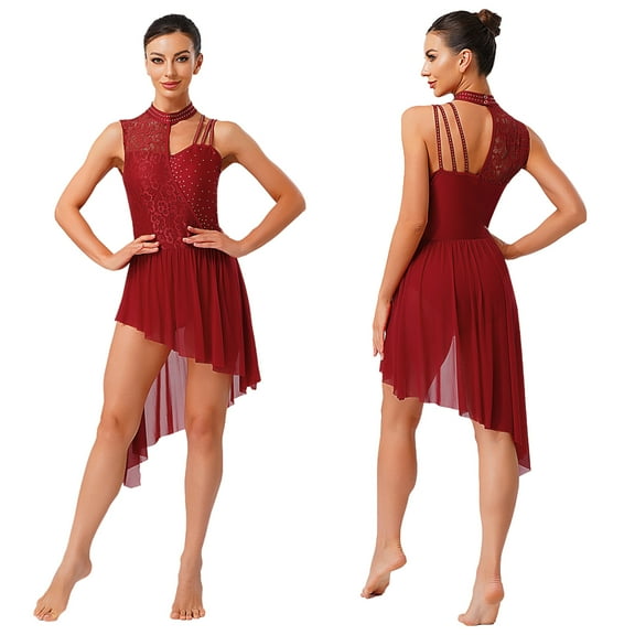 iiniim Lyrical Dance Dress for Women Irregular Flowy Tulle Skirt Leotard Contemporary Dancewear Red M