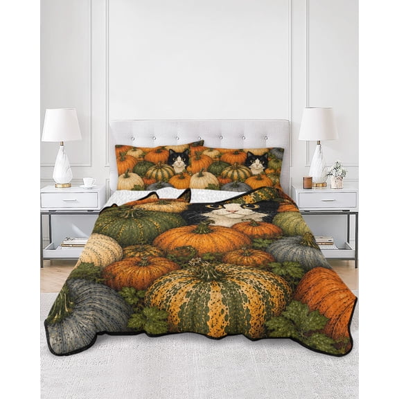 Quilts Queen Size, Fall Pumpkin Soft Comforter Bedding Set for Bed, Autumn Thanksgiving Leaves Cats Rustic Lightweight Quilted Bedspread with Pillow Cover(2 Pieces) for All Season, 90x96 Inch